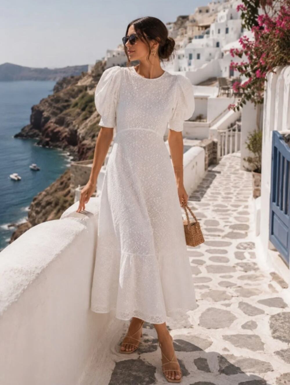 Ted Baker Eyelet Jenaay Puff Sleeve Midi Dress Sz 3 - W 8 100% cotton White